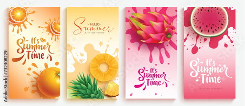 Summer time greeting vector poster set. It's summer time greeting text with tropical fruits decoration elements for seasonal lay out collection design. Vector illustration summer greeting postcard. 
