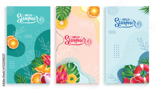 Summer hello text vector poster set. Hello summer greeting text with tropical fruits elements in abstract background collection. Vector illustration summer greeting postcard design. 