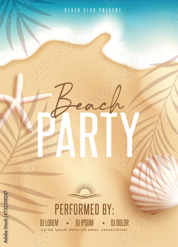 Summer beach party vector poster design. Beach party text invitation card in sea sand and seashore with seashells elements decoration for summer party template. Vector illustration summer invitation 