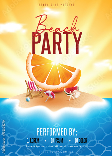 Summer beach party text vector poster design. Beach party invitation card with orange slice elements for hot performance event celebration template. Vector illustration summer invitation flyers.
