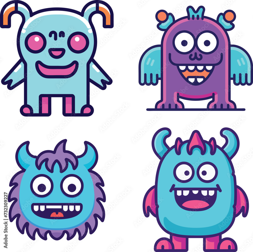 Playful Monster Icons in Minimalist Neon Style