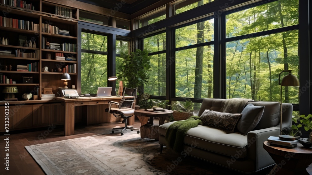 Stylish home office or library with custom built in bookshelves, comfortable seating, and inspiring views for a tranquil workspace.