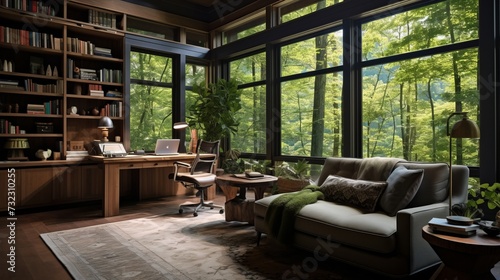 Stylish home office or library with custom built in bookshelves, comfortable seating, and inspiring views for a tranquil workspace. © ryanbagoez