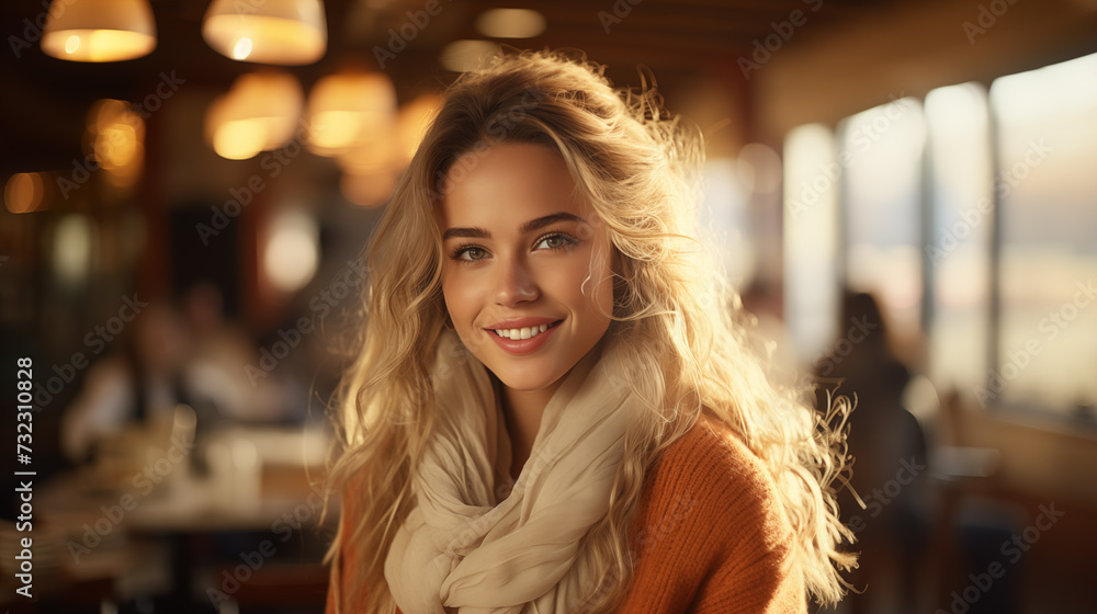 Young woman smiling, looking at the camera. Happy blonde smiling. Bokeh effect. AI generative Young woman smiling, looking at the camera. Happy blonde smiling. Bokeh effect. AI generative