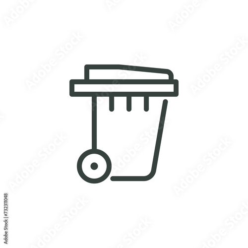 Thin Outline Icon Street Rubbish Bin, Trash Can with Wheels and a Lid. Such Line Sign as Recycle Garbage, Container for Garbage. Vector Isolated Pictograms on White Background Editable Stroke.