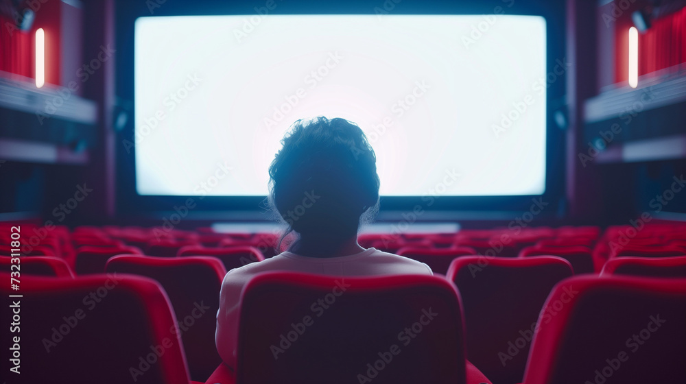 Cinema blank wide screen and people in red chairs in the cinema hall. Blurred People silhouettes watching movie performance. 