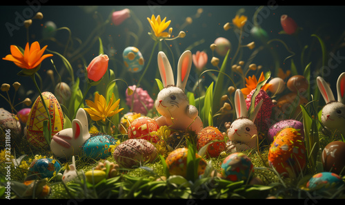 A Magical Easter Garden: Bunnies and Decorated Eggs Amidst Blooming Flowers