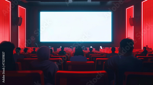 Cinema blank wide screen and people in red chairs in the cinema hall. Blurred People silhouettes watching movie performance. 