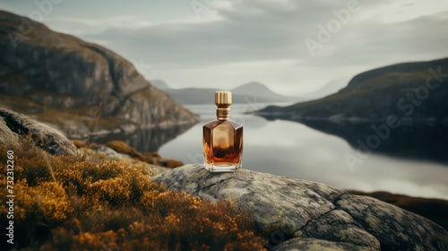 Fragrance perfume stand on stone against background of nature. Men perfume, concept of northern freshness, mountains and the sea. Glass bottle on a rock, rustic style. AI Generated