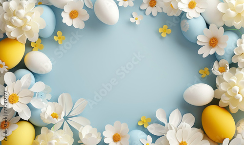 Easter Background Frame. A Frame Made out of Spring Still Life with Flowers and Easter Eggs on a light blue background.