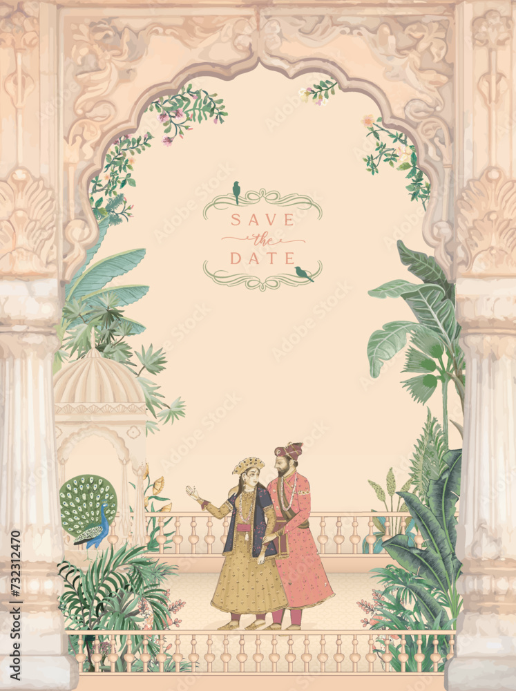 Card of Mughal Wedding Invitations. Save the date vector art invitation card design for printing. - obrazy, fototapety, plakaty 
