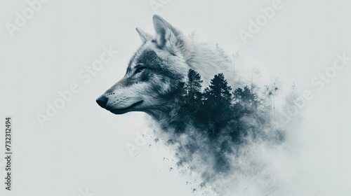 Silhouette of wolf in misty forest. Effect of overlapping frames. Mystical and mysterious natural forest. Wildlife and predator. Concept of strength, defiance. AI Generated photo