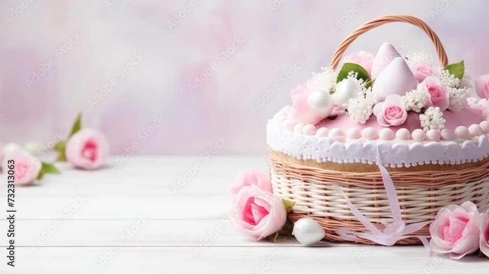 Easter cake on a light table background with beautiful flowers. Easter background for the spring holiday. A postcard with a place for the text.