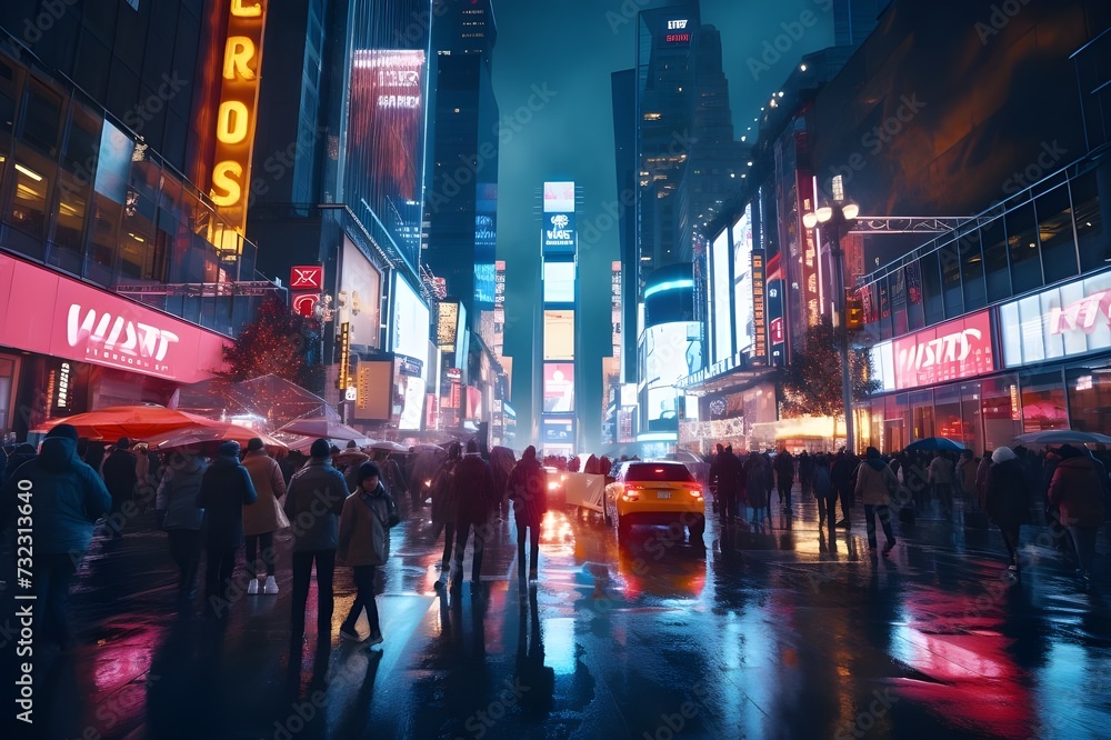 Cinematic Street Scene: A bustling city street captured in a cinematic style, with people in motion and vibrant neon signs.
