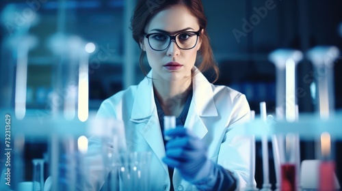 Scientific laboratory. Pretty Girl doctor with test tubes. DNA testing and medical work. Woman in white coat in the hospital. AI generated