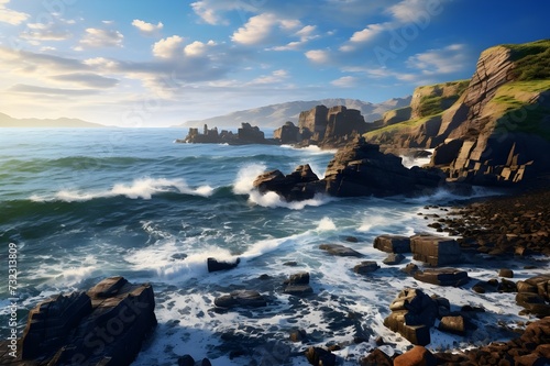 Rocky Coastline: Dramatic cliffs and rocks along the coastline, with waves crashing against the rugged shore.