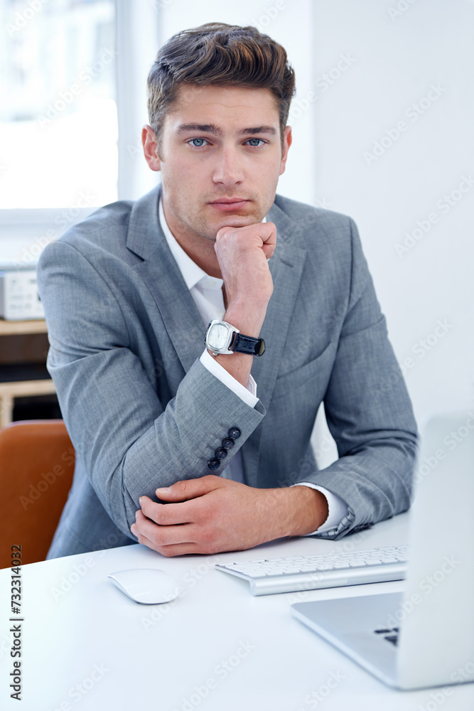 Portrait, thinking and business with man, laptop and confident guy in a workplace and accountant. Face, person or broker with computer or internet with opportunity and problem solving with connection Portrait, thinking and business with man, laptop and confident guy in a workplace and accountant. Face, person or broker with computer or internet with opportunity and problem solving with connection