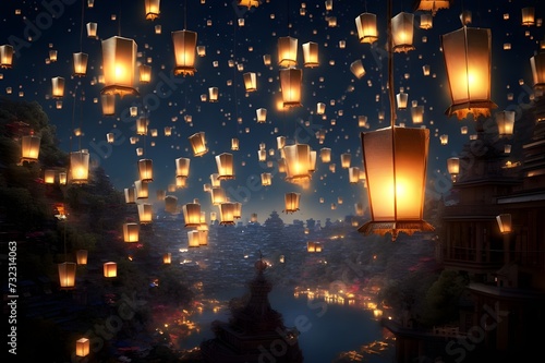 Glowing Lanterns: A night scene featuring colorful lanterns casting a warm glow, creating a magical ambiance. © Tachfine Art
