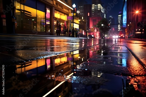 Reflections in Rain: City lights reflecting on wet pavement during a rainy night, creating a captivating urban scene. © Tachfine Art
