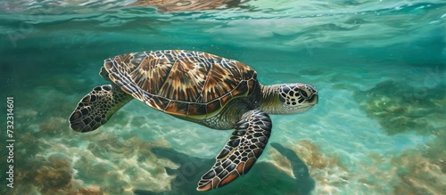 A sea turtle, a marine reptile, gracefully swims in the fluid underwater environment near a coral reef.