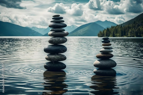 Stack of stones balancing on a lake background