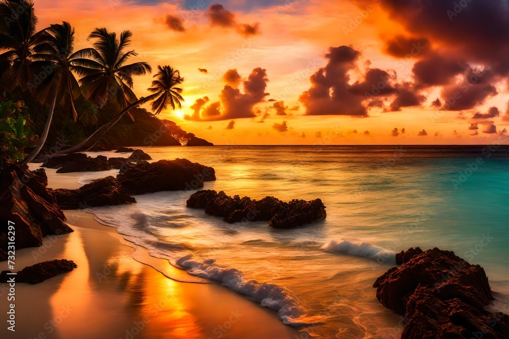 Vibrant sunset at caribbean island beach