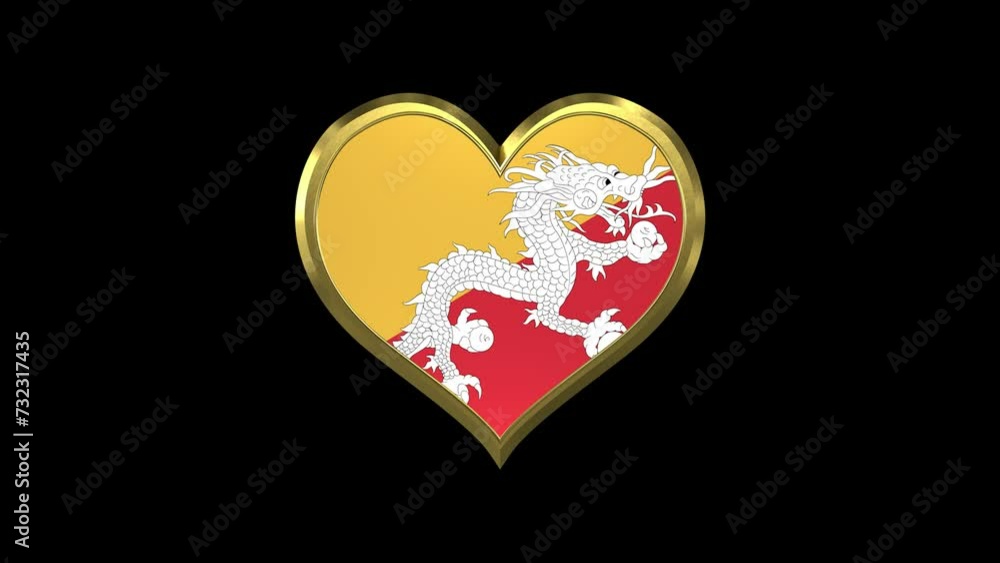 Bhutan Flag In Golden Heart Shape With Alpha Matte. Seamless Loop Bhutan Flag In Golden Heart Shape With Alpha Matte. Seamless Loop