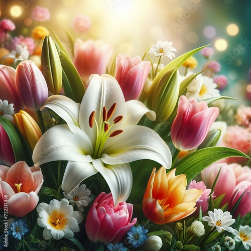 Close-up of a blooming spring garden with Easter lilies and tulips Renewal and beauty Creates a vibrant atmosphere for Easter-themed designs 