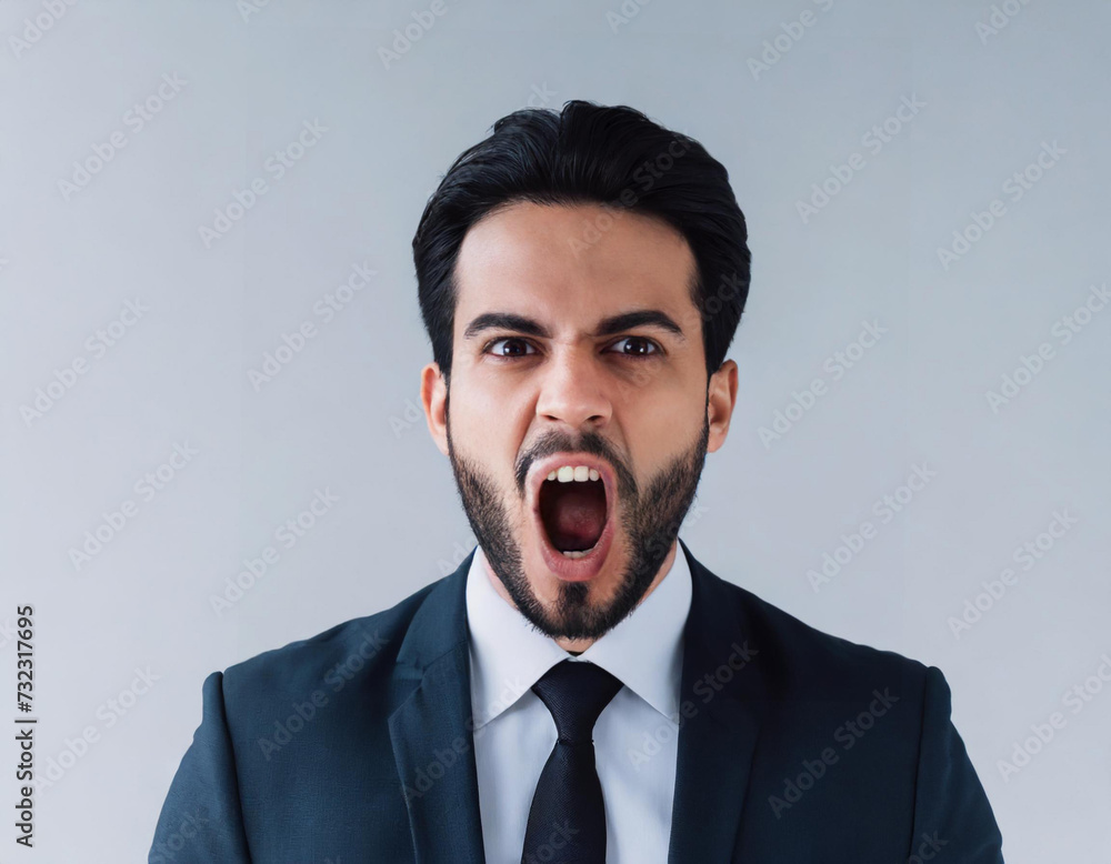 Angry businessman shouting with surprise and crazy expression Angry businessman shouting with surprise and crazy expression