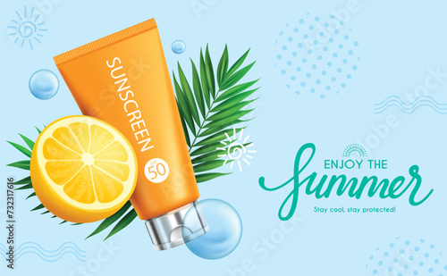 Summer sunscreen vector banner design. Summer sunblock lotion in orange scent cosmetics elements for hot sunny tropical season promotion product advertisement banner. Vector illustration summer 