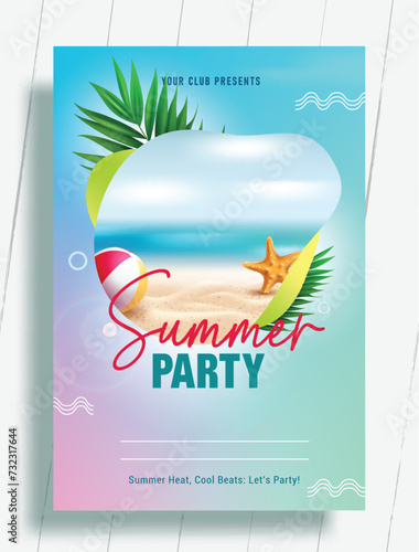 Summer party invitation vector poster template. Summer invitation card with beach tropical season background for holiday fun vacation club event design. Vector illustration summer party flyers 