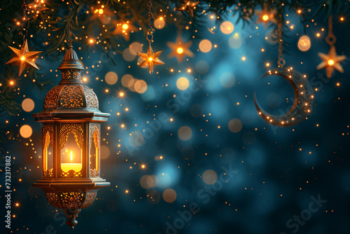 Ramadan Kareem greeting card banner poster design with Golden lantern moon and Mosque minar 