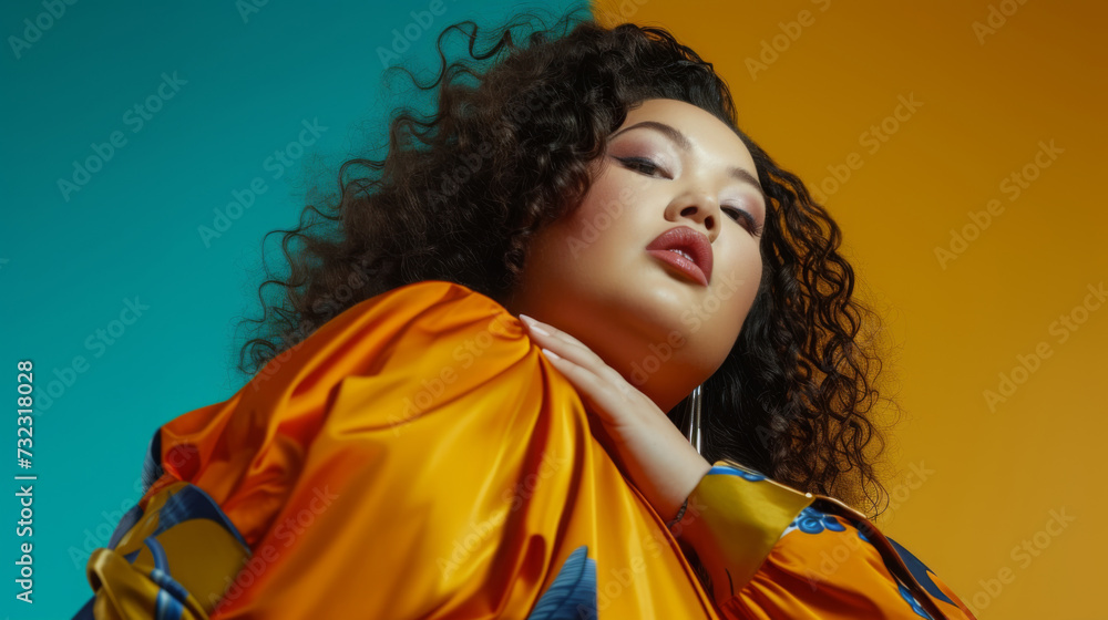 Plus size female model on a blue background. Photo in fashion editorial style. Confident fashionable woman