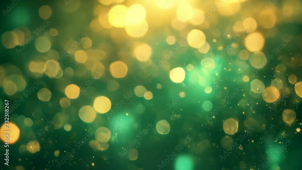 Numerous particles glowing in green and gold create a bokeh effect, forming a fantastical background
Numerous particles glowing in green and gold create a bokeh effect, forming a fantastical background