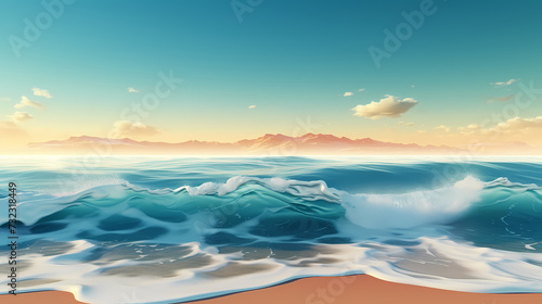 Sandy beach with light blue transparent water waves and sunlight, tranquil aerial beach scene