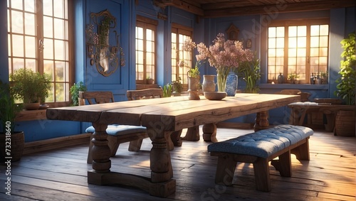 Interior traditional house with a table on the middle room