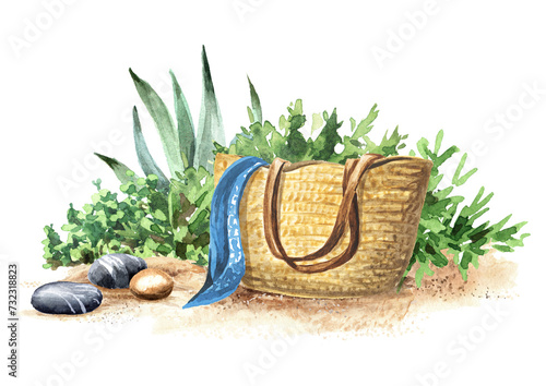 Wicker beach bag with on rhe sand on the background of the tropical plants,  Hand drawn watercolor illustration isolated on white background photo
