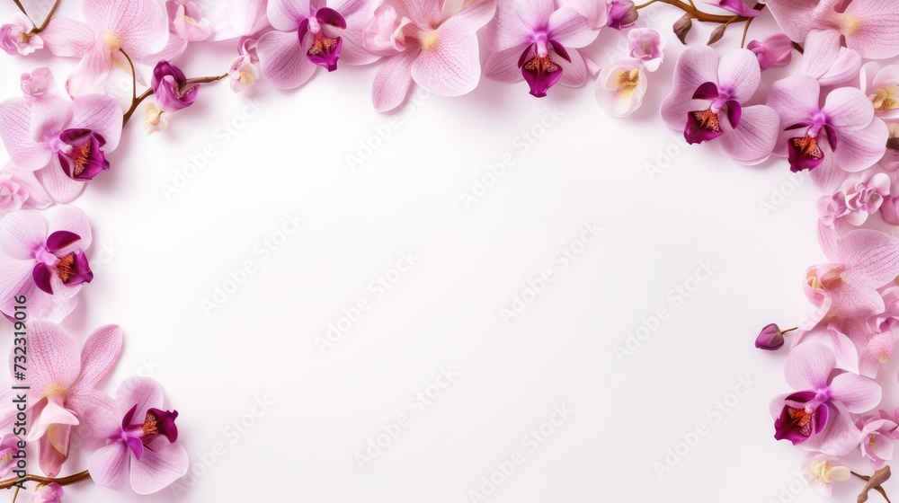Frame of orchid flowers on a white background. An invitation or a postcard for a holiday.