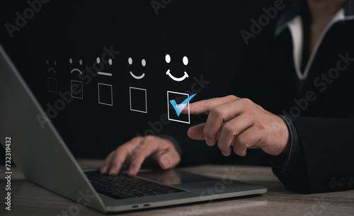 Client or consumer rating service experience on online application. customer review satisfaction feedback survey, evaluating service quality, and its impact on a business's reputation ranking 