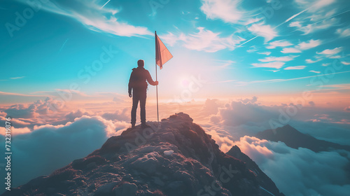 Silhouette Victorious male person standing on mountain, Positive man celebrating, success  photo