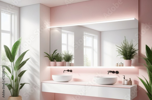 elegant and stylish interior of modern bathroom in natural pink colours