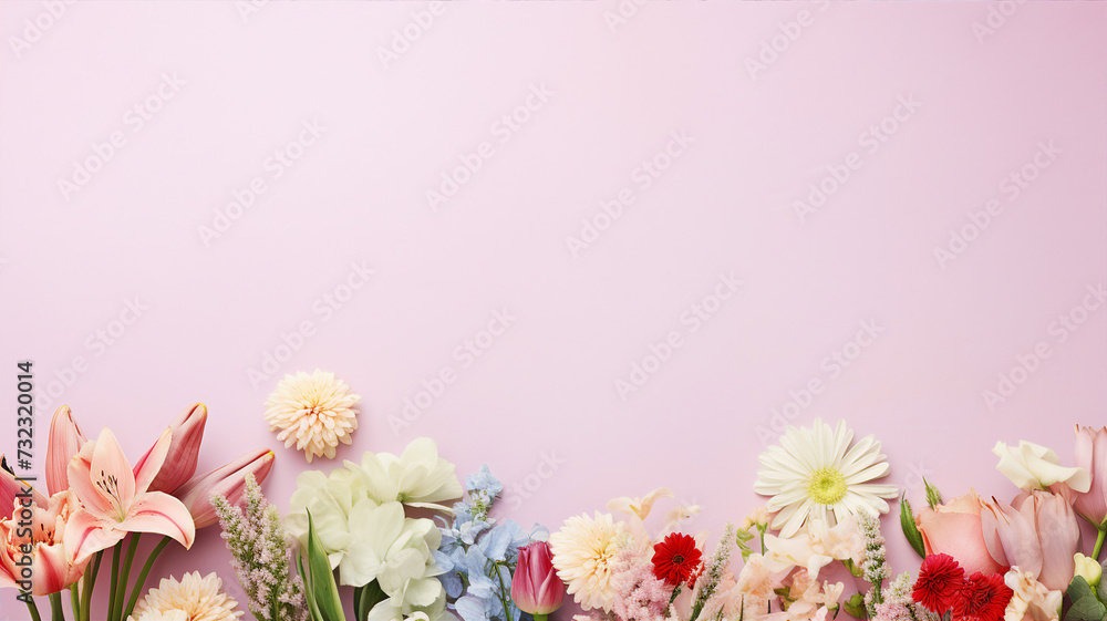 Colorful flowers arranged in a frame on a soft pink background