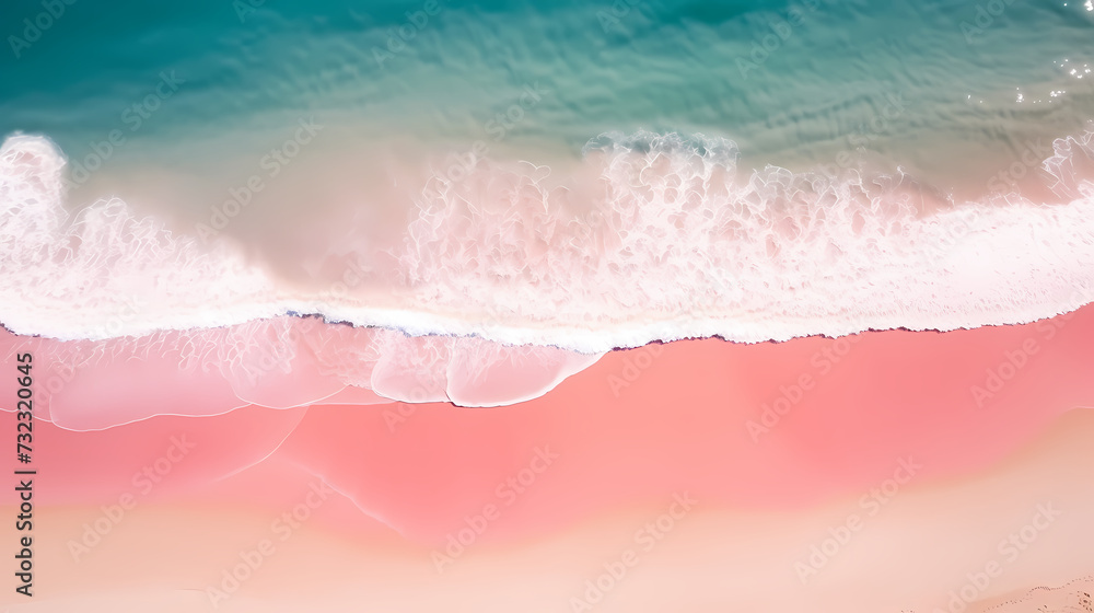 Fototapeta premium Sandy beach with light blue transparent water waves and sunlight, tranquil aerial beach scene
