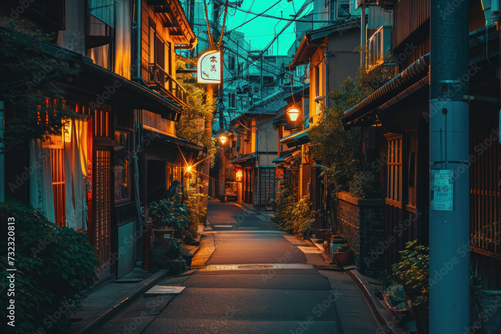 Quiet evening street in traditional Japanese district. Travel and culture.