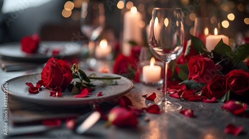 A scene of a beautifully set romantic dinner table with  roses and textured warm-toned tableware  table setting for a romantic dinner table with roses  AI generated