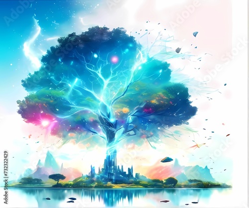 エコロジーを連想するレインボーカラーな木の水彩風イラスト