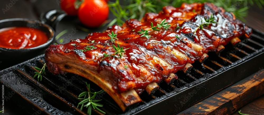 A close up of ribs on a grill with tomatoes and ketchup, a mouthwatering dish made with pork, beef, and plum tomatoes, served with delicious tableware. A close up of ribs on a grill with tomatoes and ketchup, a mouthwatering dish made with pork, beef, and plum tomatoes, served with delicious tableware.