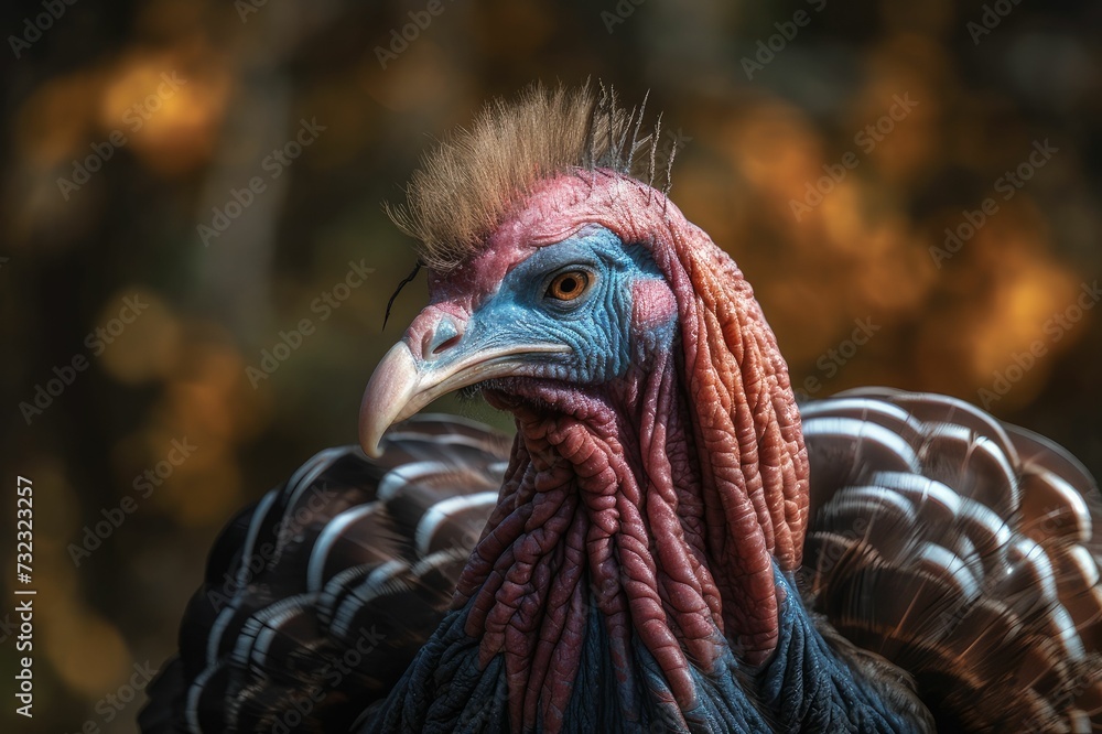 AI generated illustration of a vibrant turkey with multi-colored feathers in a field