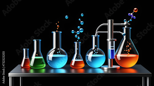 science lab chemistry set isolated on a black background. with black copy space. laboratory glassware with liquid