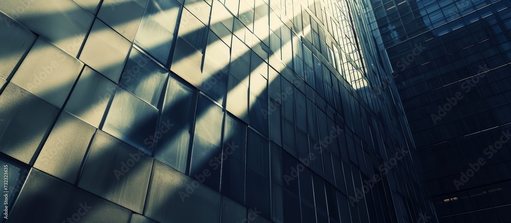 Φωτογραφία The electric blue sunlight filters through the glass windows of a towering skyscraper, casting long shadows on the metal facade